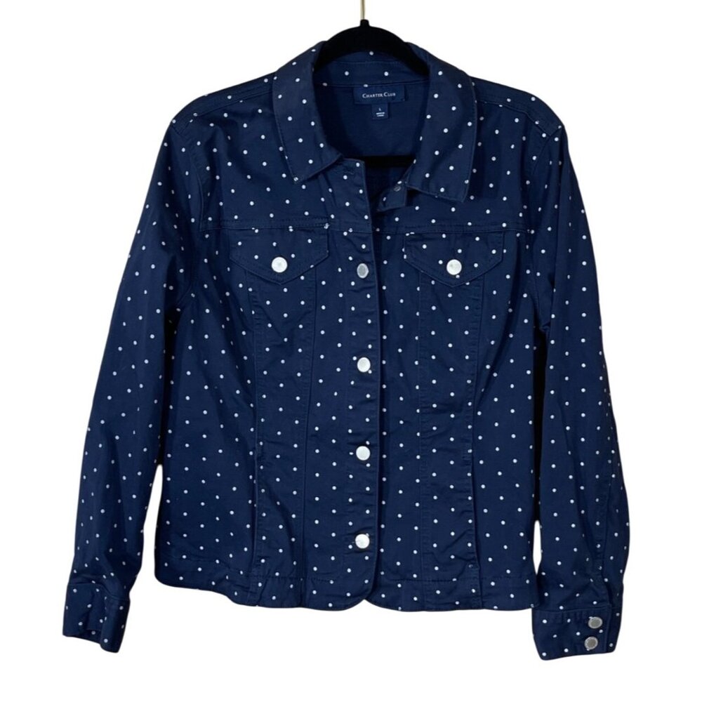 Charter Club Printed Denim Jacket Size L Large Blue White Dot Stretch
